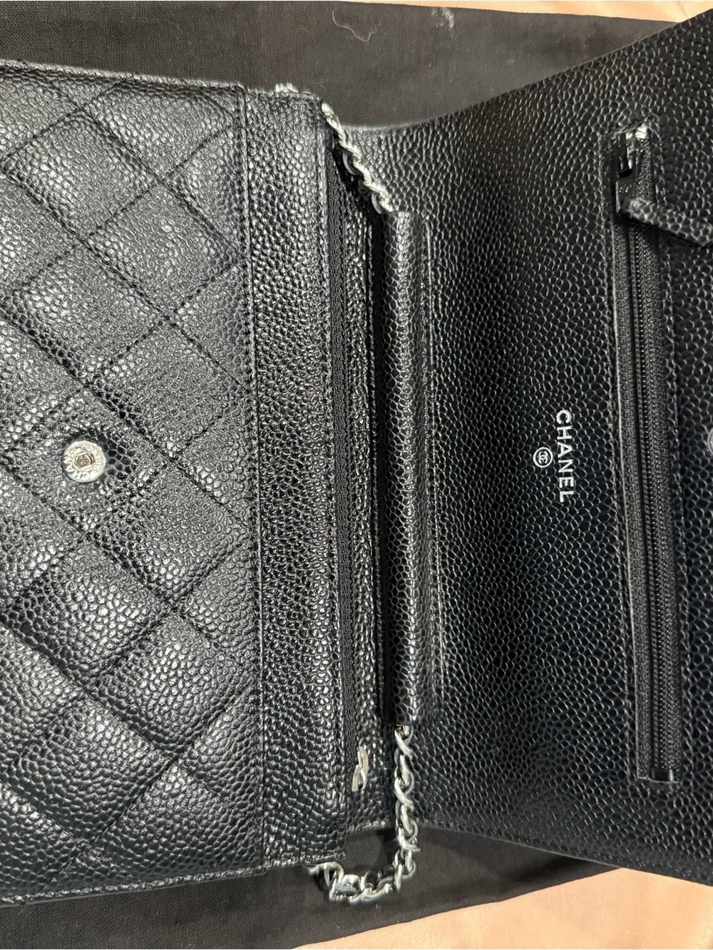 CHANEL Black Quilted Caviar Leather wallet chain WOC with Silver-Tone Chain